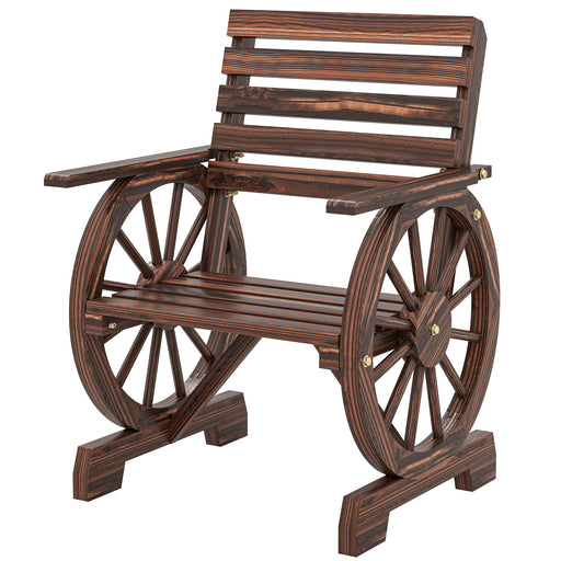 Outsunny - Wood Outdoor Patio Chair, Lounge Chair with Wagon Wheel Armrests, Slatted Wide Seat, Slanted Backrest, Carbonized