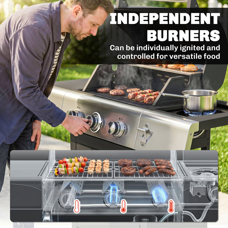 Outsunny - 3 Burner Propane Gas Grill with Side Burner, 36,000 BTU BBQ Grill with Cast Iron Grates, Wheels, Warming Rack, Cabinet