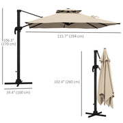 10ft Square Cantilever Patio Umbrella, 360° Rotating Overhanging Umbrella with Cross Base, Crank Handle, Khaki