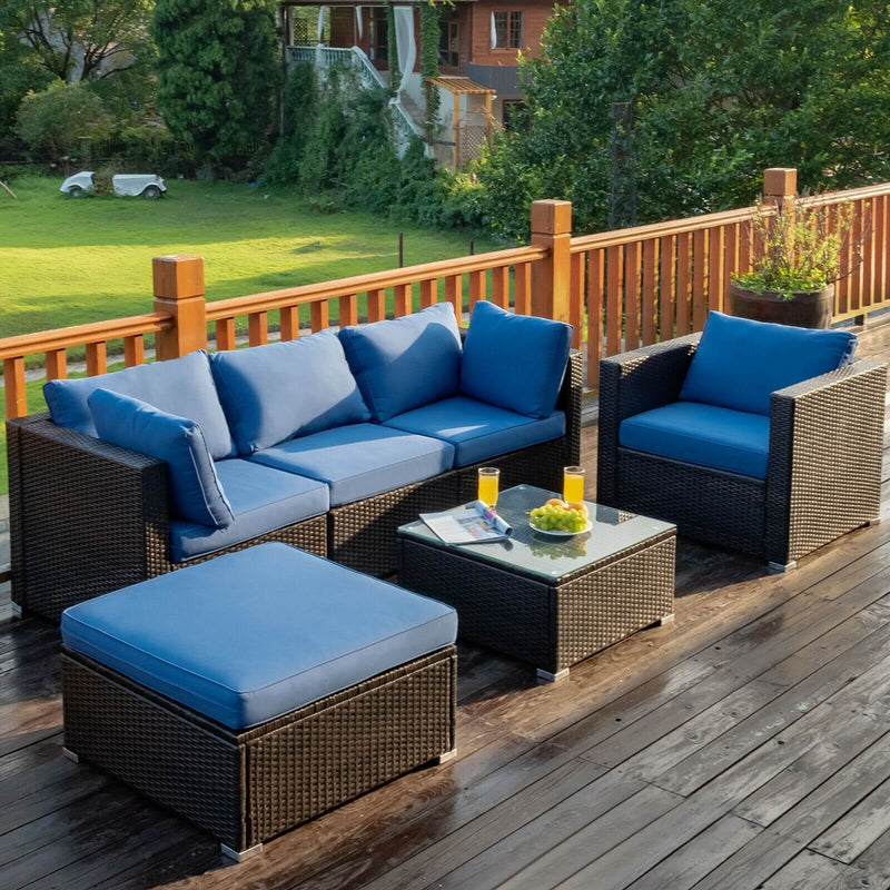 Costway - 6 Pieces Patio Rattan Furniture Set with Sectional Cushion-Blue