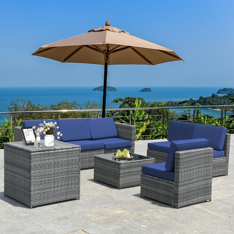 Costway - 8 Piece Wicker Sofa Rattan Dinning Set Patio Furniture with Storage Table-Navy