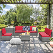 Costway - 8 Piece Wicker Sofa Rattan Dinning Set Patio Furniture with Storage Table-Red