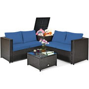 Costway - 4 Pieces Outdoor Patio Rattan Furniture Set with Cushioned Loveseat and Storage Box-Navy
