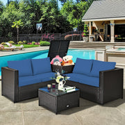 Costway - 4 Pieces Outdoor Patio Rattan Furniture Set with Cushioned Loveseat and Storage Box-Navy