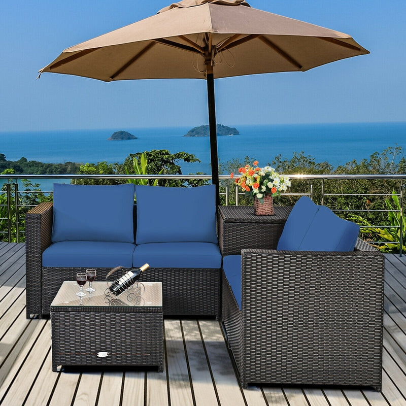 Costway - 4 Pieces Outdoor Patio Rattan Furniture Set with Cushioned Loveseat and Storage Box-Navy