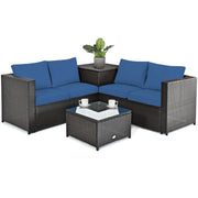 Costway - 4 Pieces Outdoor Patio Rattan Furniture Set with Cushioned Loveseat and Storage Box-Navy