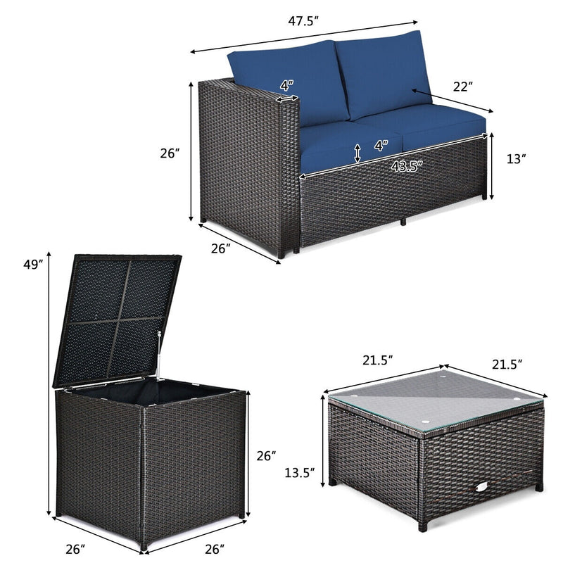 Costway - 4 Pieces Outdoor Patio Rattan Furniture Set with Cushioned Loveseat and Storage Box-Navy