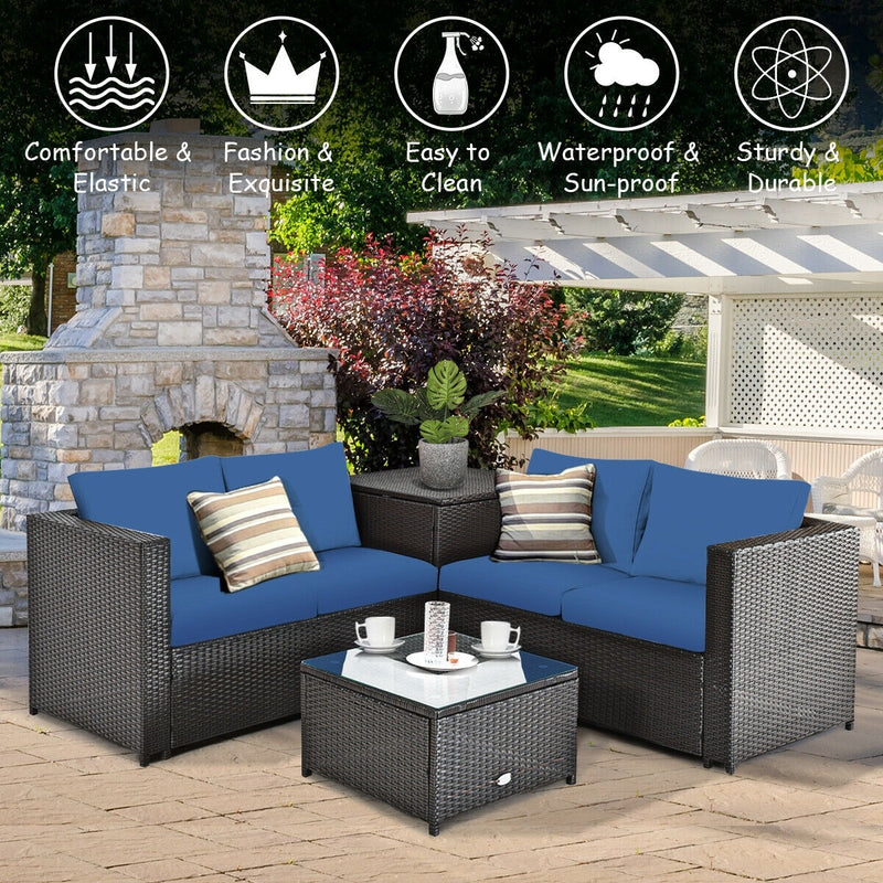 Costway - 4 Pieces Outdoor Patio Rattan Furniture Set with Cushioned Loveseat and Storage Box-Navy