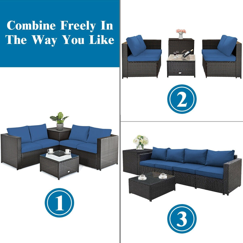 Costway - 4 Pieces Outdoor Patio Rattan Furniture Set with Cushioned Loveseat and Storage Box-Navy