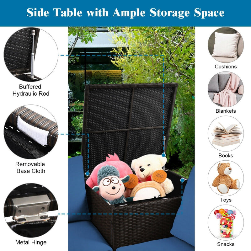 Costway - 4 Pieces Outdoor Patio Rattan Furniture Set with Cushioned Loveseat and Storage Box-Navy