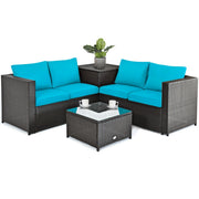 Costway - 4 Pieces Outdoor Patio Rattan Furniture Set with Cushioned Loveseat and Storage Box-Turquoise