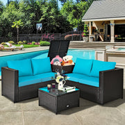 Costway - 4 Pieces Outdoor Patio Rattan Furniture Set with Cushioned Loveseat and Storage Box-Turquoise