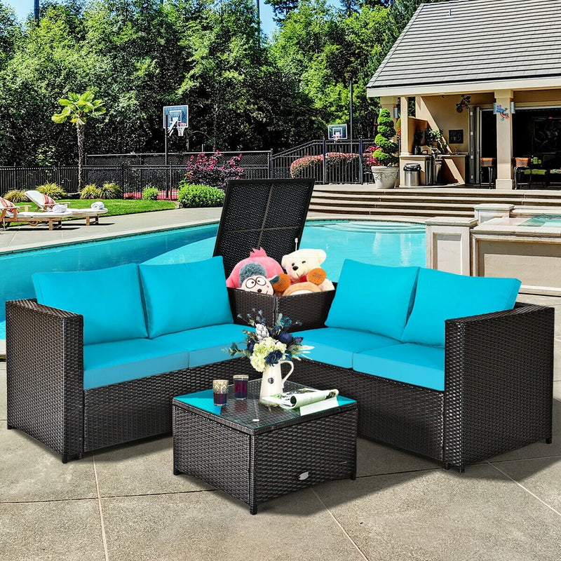 Costway - 4 Pieces Outdoor Patio Rattan Furniture Set with Cushioned Loveseat and Storage Box-Turquoise