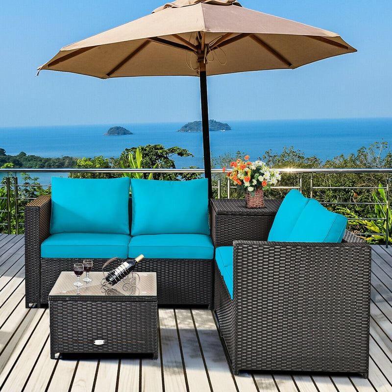 Costway - 4 Pieces Outdoor Patio Rattan Furniture Set with Cushioned Loveseat and Storage Box-Turquoise