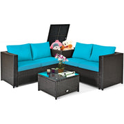 Costway - 4 Pieces Outdoor Patio Rattan Furniture Set with Cushioned Loveseat and Storage Box-Turquoise