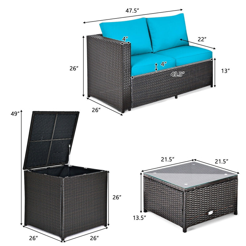 Costway - 4 Pieces Outdoor Patio Rattan Furniture Set with Cushioned Loveseat and Storage Box-Turquoise