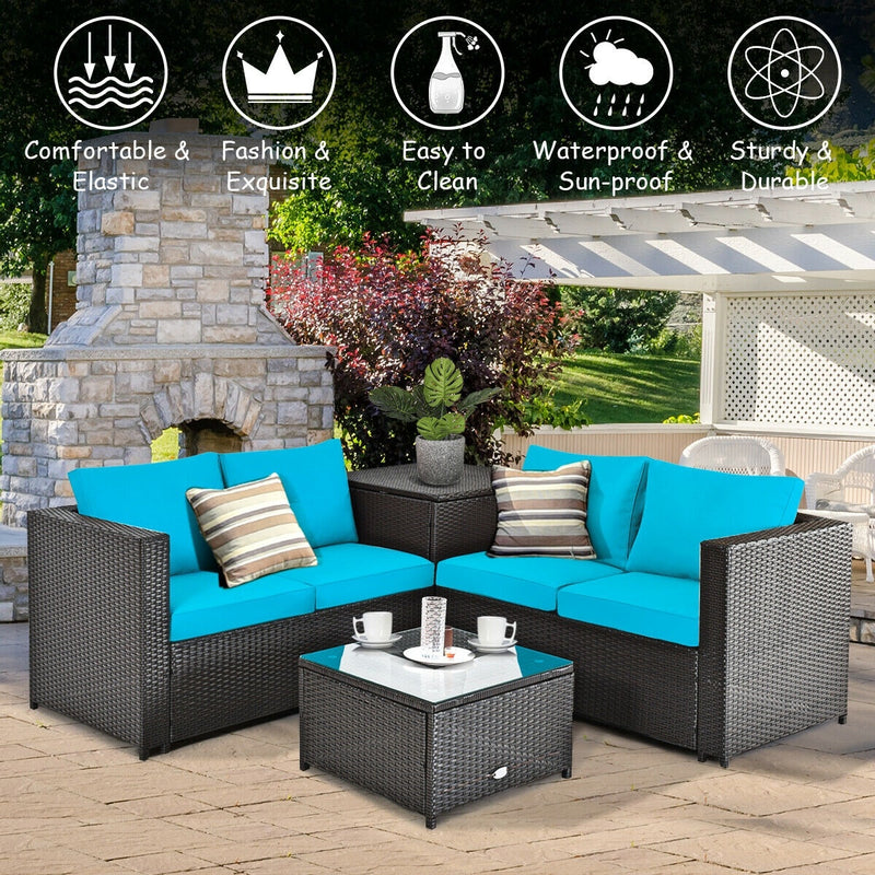 Costway - 4 Pieces Outdoor Patio Rattan Furniture Set with Cushioned Loveseat and Storage Box-Turquoise