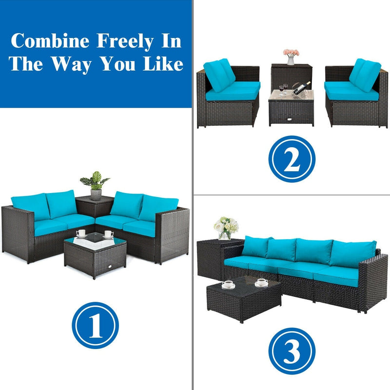 Costway - 4 Pieces Outdoor Patio Rattan Furniture Set with Cushioned Loveseat and Storage Box-Turquoise