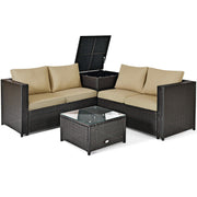 Costway - 4 Pieces Outdoor Patio Rattan Furniture Set with Cushioned Loveseat and Storage Box-Brown