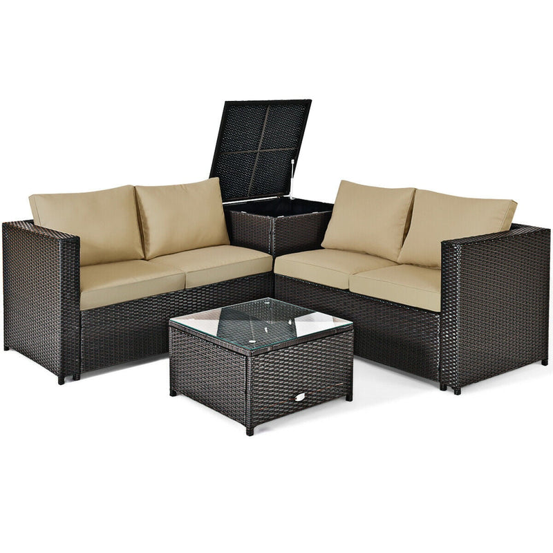Costway - 4 Pieces Outdoor Patio Rattan Furniture Set with Cushioned Loveseat and Storage Box-Brown