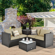 Costway - 4 Pieces Outdoor Patio Rattan Furniture Set with Cushioned Loveseat and Storage Box-Brown