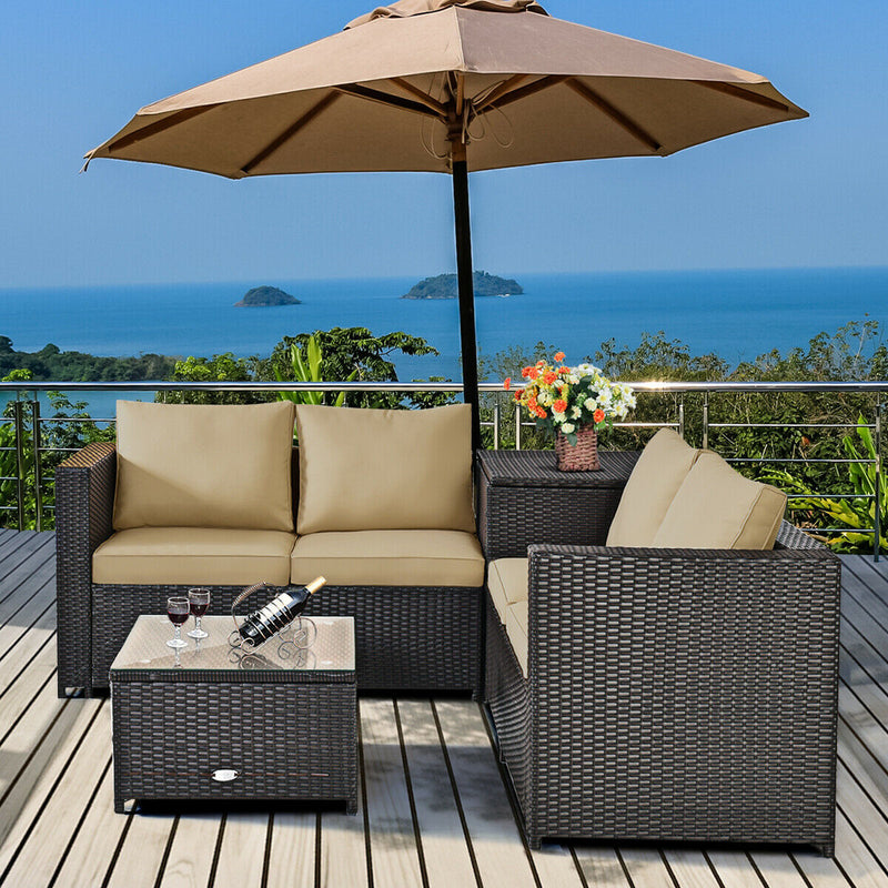 Costway - 4 Pieces Outdoor Patio Rattan Furniture Set with Cushioned Loveseat and Storage Box-Brown