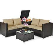 Costway - 4 Pieces Outdoor Patio Rattan Furniture Set with Cushioned Loveseat and Storage Box-Brown