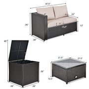 Costway - 4 Pieces Outdoor Patio Rattan Furniture Set with Cushioned Loveseat and Storage Box-Brown