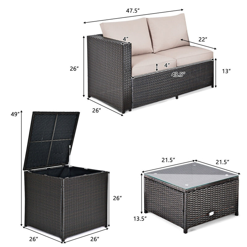 Costway - 4 Pieces Outdoor Patio Rattan Furniture Set with Cushioned Loveseat and Storage Box-Brown