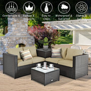 Costway - 4 Pieces Outdoor Patio Rattan Furniture Set with Cushioned Loveseat and Storage Box-Brown