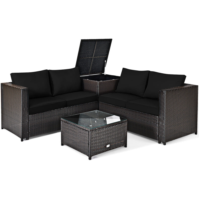 Costway - 4 Pieces Outdoor Patio Rattan Furniture Set with Loveseat and Storage Box-Black