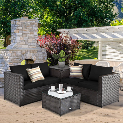 Costway - 4 Pieces Outdoor Patio Rattan Furniture Set with Loveseat and Storage Box-Black