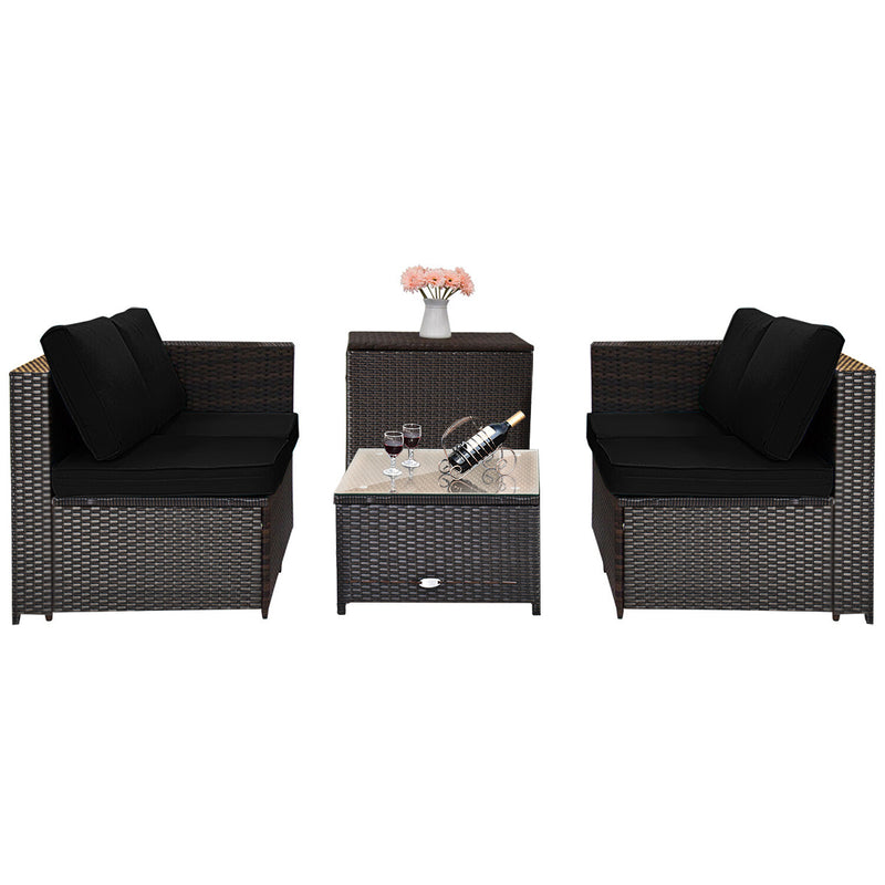 Costway - 4 Pieces Outdoor Patio Rattan Furniture Set with Loveseat and Storage Box-Black