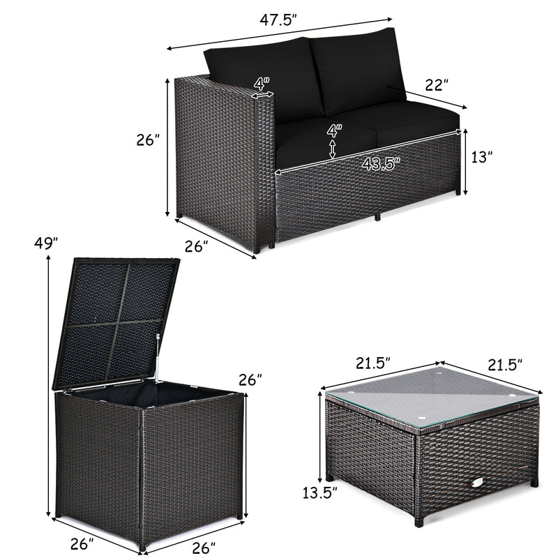 Costway - 4 Pieces Outdoor Patio Rattan Furniture Set with Loveseat and Storage Box-Black