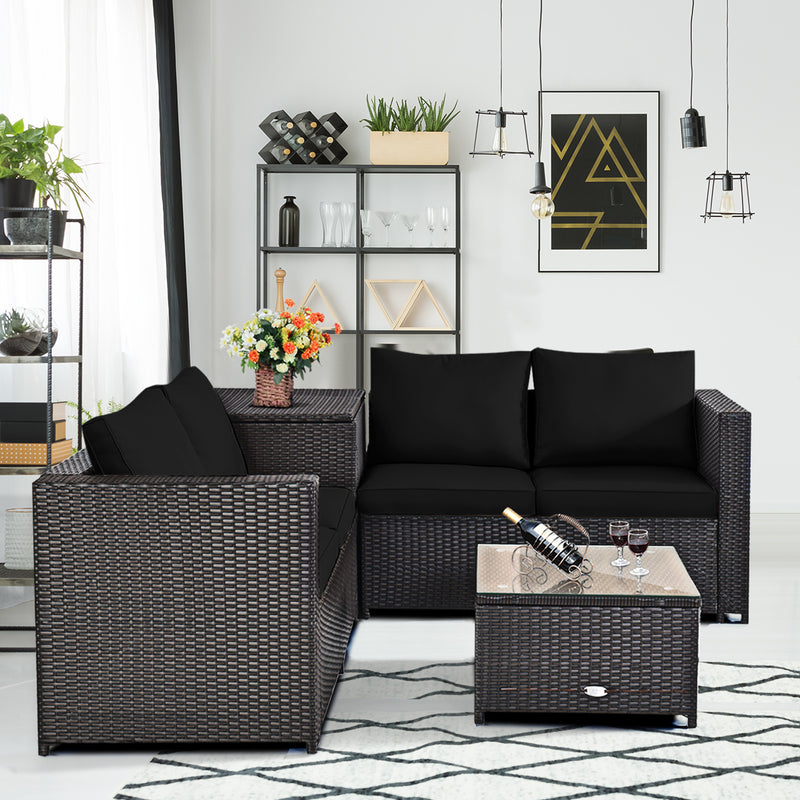 Costway - 4 Pieces Outdoor Patio Rattan Furniture Set with Loveseat and Storage Box-Black