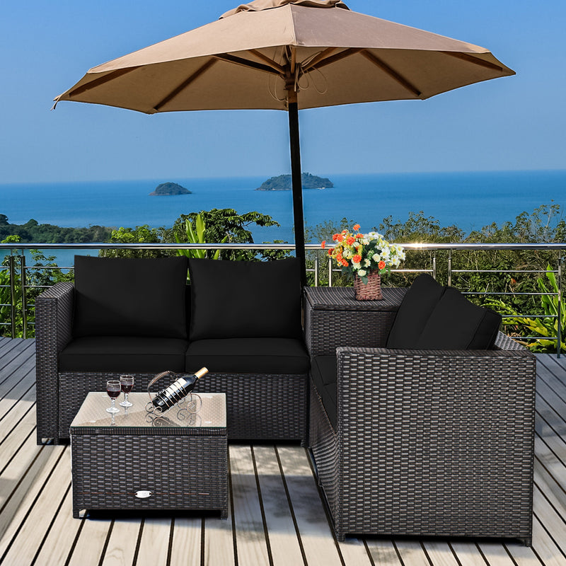 Costway - 4 Pieces Outdoor Patio Rattan Furniture Set with Loveseat and Storage Box-Black