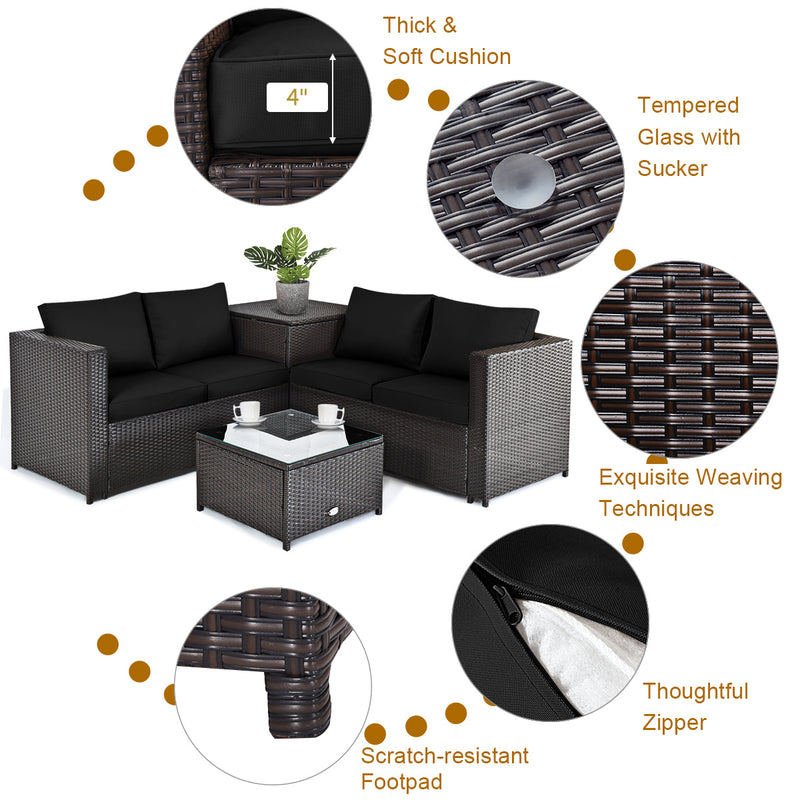 Costway - 4 Pieces Outdoor Patio Rattan Furniture Set with Loveseat and Storage Box-Black