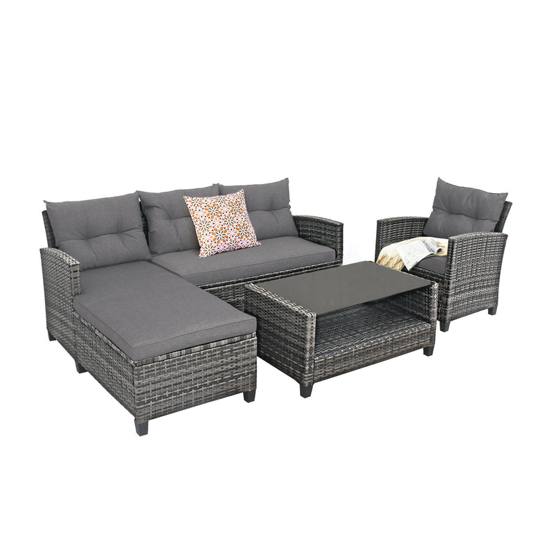 Costway - 4 Pieces Patio Rattan Furniture Set with Cushion and Table Shelf-Gray