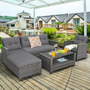 Costway - 4 Pieces Patio Rattan Furniture Set with Cushion and Table Shelf-Gray