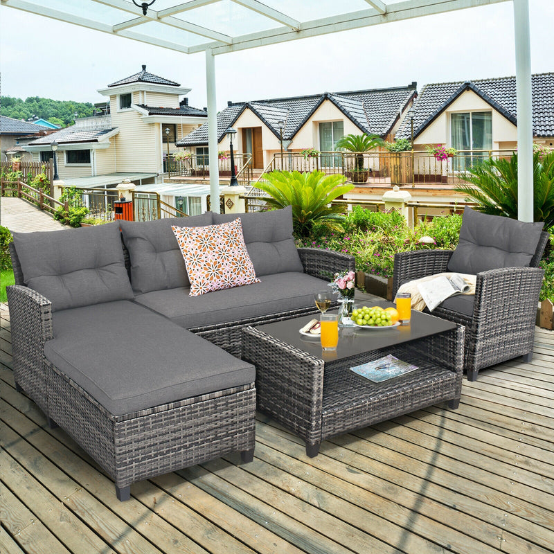 Costway - 4 Pieces Patio Rattan Furniture Set with Cushion and Table Shelf-Gray