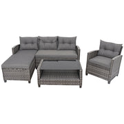 Costway - 4 Pieces Patio Rattan Furniture Set with Cushion and Table Shelf-Gray