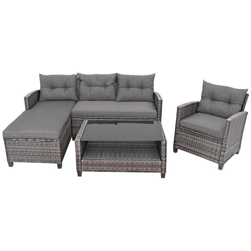 Costway - 4 Pieces Patio Rattan Furniture Set with Cushion and Table Shelf-Gray
