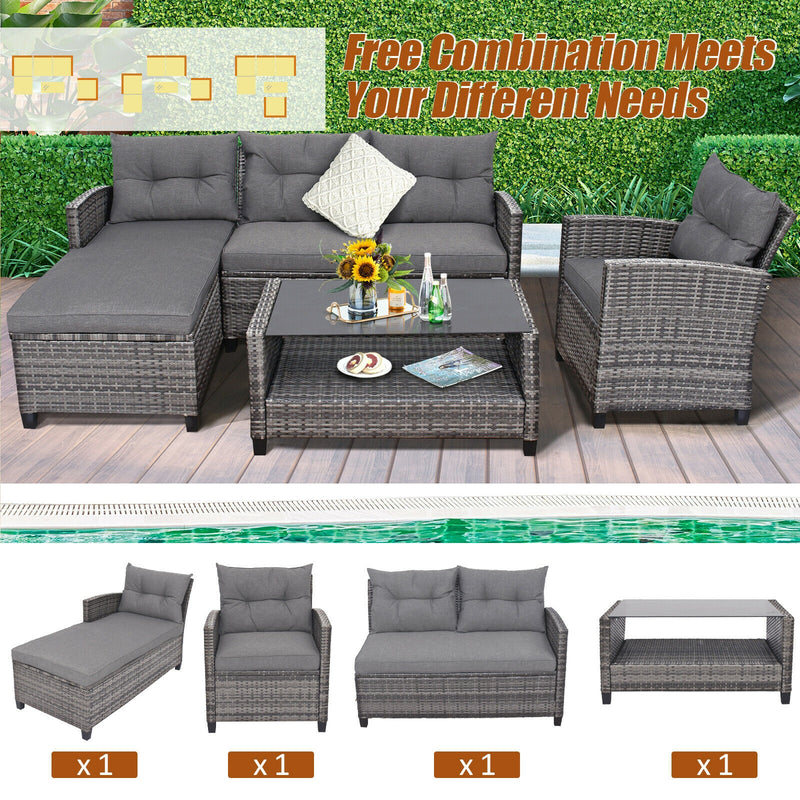 Costway - 4 Pieces Patio Rattan Furniture Set with Cushion and Table Shelf-Gray