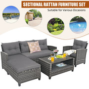 Costway - 4 Pieces Patio Rattan Furniture Set with Cushion and Table Shelf-Gray