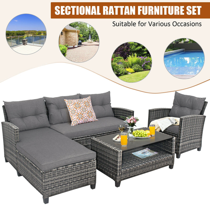 Costway - 4 Pieces Patio Rattan Furniture Set with Cushion and Table Shelf-Gray