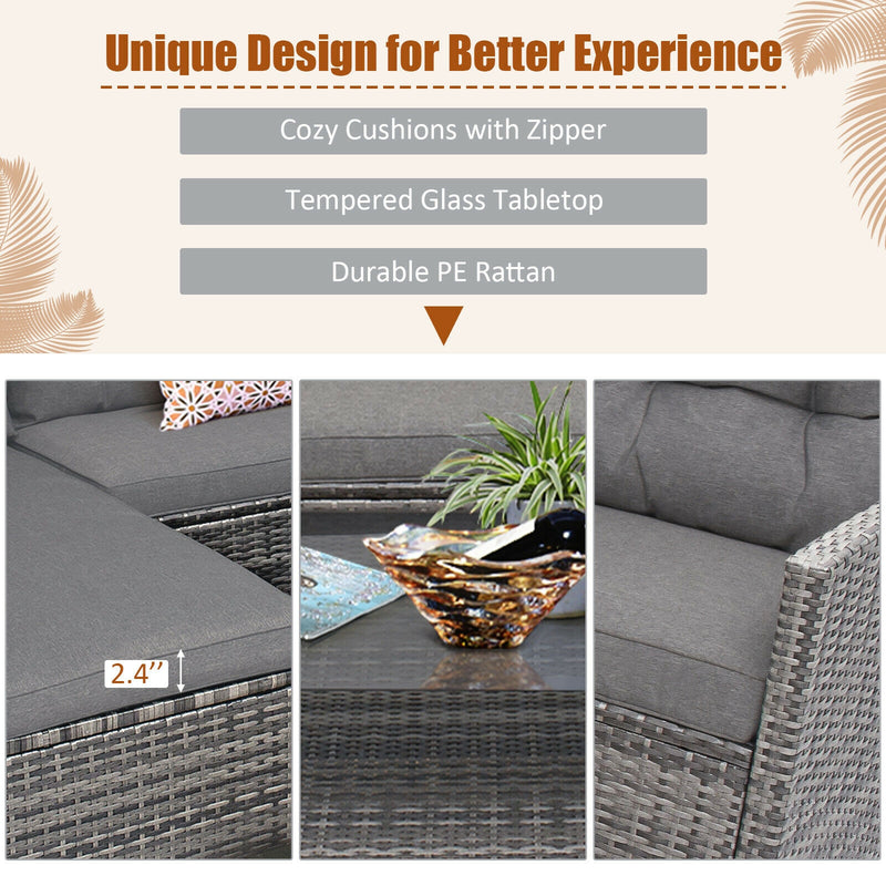 Costway - 4 Pieces Patio Rattan Furniture Set with Cushion and Table Shelf-Gray
