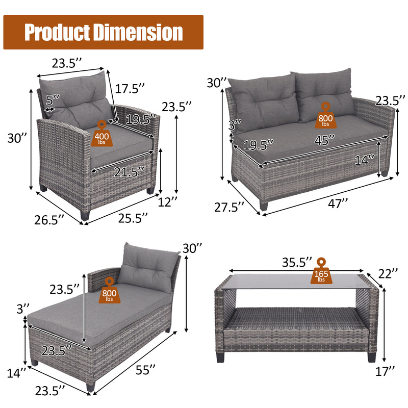 Costway - 4 Pieces Patio Rattan Furniture Set with Cushion and Table Shelf-Gray