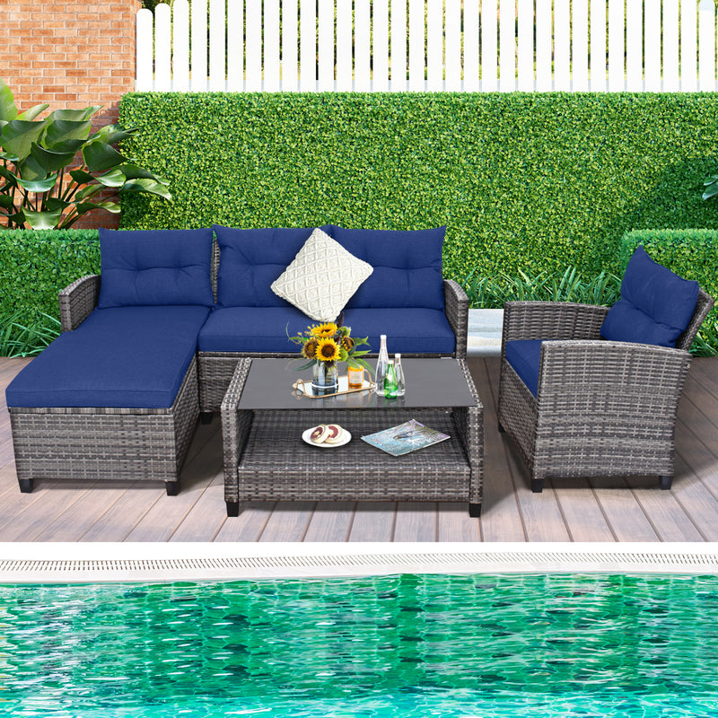 Costway - 4 Pieces Patio Rattan Sofa Furniture Set with Cushion and 2-Tier Coffee Table-Navy