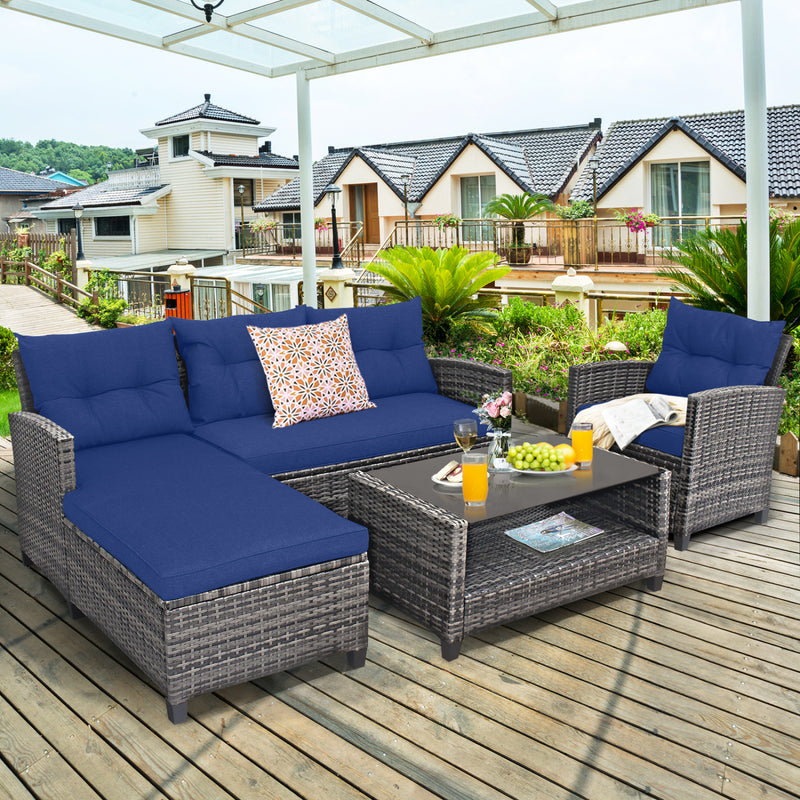 Costway - 4 Pieces Patio Rattan Sofa Furniture Set with Cushion and 2-Tier Coffee Table-Navy