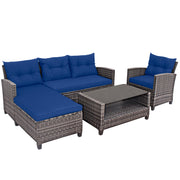 Costway - 4 Pieces Patio Rattan Sofa Furniture Set with Cushion and 2-Tier Coffee Table-Navy